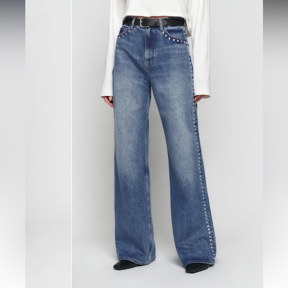 NWT Reformation Cary High Rise Slouchy Wide Leg Jeans Chesapeake Studded Blue - Picture 3 of 6